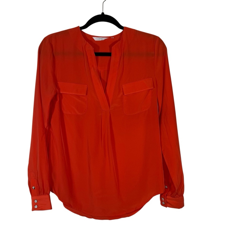 Zoa New York V Neck Blouse Long‎ Sleeve Split Back Pleated Top Women XS Orange
